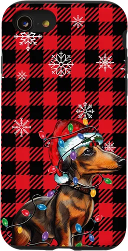 Vista 18 de iPhone 16 Dachshund Christmas Phone Case Red Plaid Pattern Christmas Lights Case