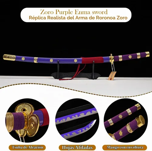 Vista 2 de Espada Púrpura Enma Zoro, espada Katana de acero rico en carbono 1095 de 41" de longitud, espadas Samurai de espiga completa, colección de armas