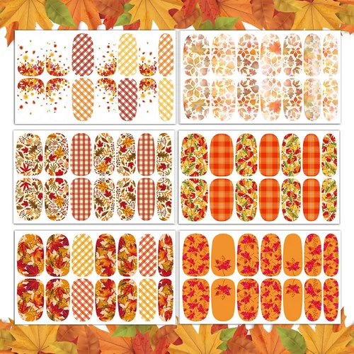 Vista 3 de TailaiMei 12 hojas de calcomanías de otoño para uñas, tiras de esmalte de uñas autoadhesivas con 2 limas de uñas para el día de Acción de Gracias