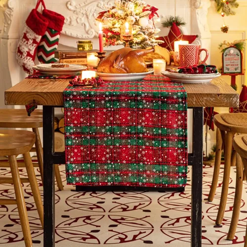 Vista 16 de Camino de mesa de Navidad a cuadros beige, caminos de mesa de vacaciones de invierno de 72 pulgadas de largo, decoraciones de Navidad para Cuadros