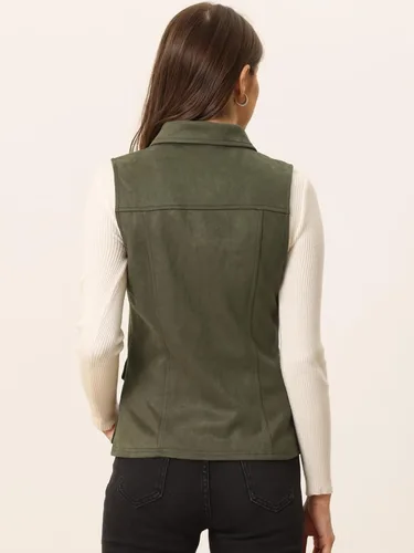 Vista 4 de Allegra K Chaleco de Gamuza Sintética Utilitario para Mujer con Botones sin Mangas con Bolsillo Cargo Verde militar