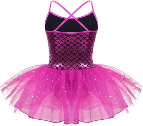 Vista 2 de Freebily Vestido tutú de princesa con tirantes brillantes, escamas de pez, gimnasia, ballet, leotardo