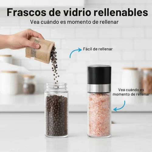 Vista 5 de Juego de Molinillo de Sal y Pimienta - Especieros con Grosor Ajustable para Condimentos de Cocina (1.7 pulgadas x 5.1 pulgadas)