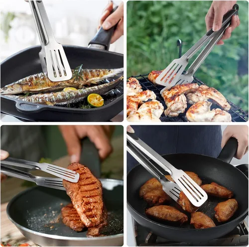 Vista 4 de Pinzas de metal para cocinar, juego de 2 pinzas de espátula de acero inoxidable para asar a la parrilla, cocinar y voltear, agarre fuerte