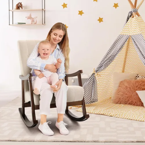 Vista 2 de AVAWING Silla mecedora tapizada con asiento acolchado de tela, cómoda balancín de madera maciza para sala de estar, silla moderna de respaldo alto