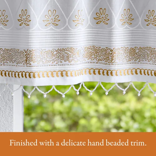 Vista 2 de Saffron Marigold Cortina de cenefa impresa a mano con ribete de cuentas, velo de novia blanco, perfecta para cocina, dormitorio, baño, comercio