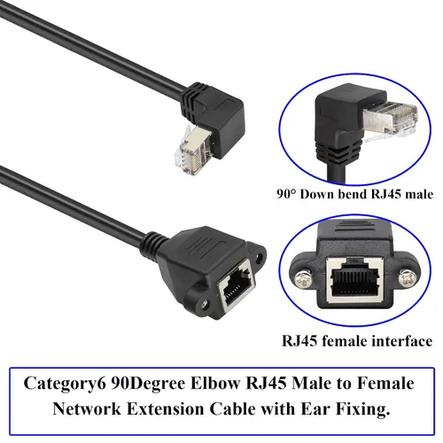 Vista 4 de Cable de extensión de red LAN RJ45 en ángulo descendente de 90° Cat6 RJ45 de 90 grados macho a hembra blindado para red Ethernet Cable de extensión
