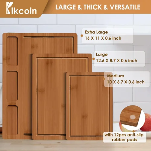 Vista 3 de Kikcoin Tabla de cortar de bambú para cocina, (juego de 3) tabla de cortar de cocina con 3 compartimentos integrados y ranura para jugos, bandeja