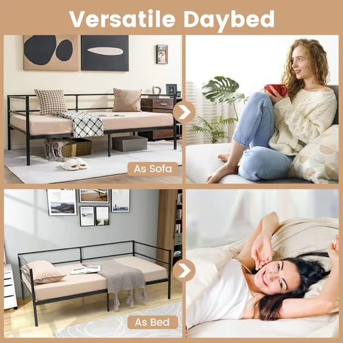 Vista 7 de Giantex Marco de cama de metal tamaño individual, cama de día con soporte de listones de metal y barandillas de 3 lados, sofá cama 2 en 1 que ahorra