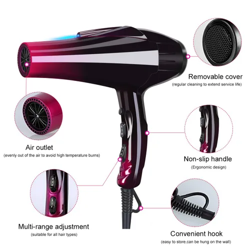 Vista 2 de Secador de pelo profesional con luz azul infrarrojo lejano negativo iónico 3500W secador de pelo de calor de secado rápido, potente secador de pelo
