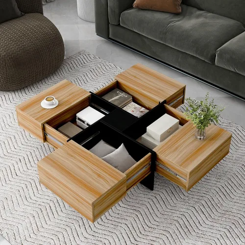 Vista 8 de Polibi Mesa de centro cuadrada con 4 compartimentos de almacenamiento ocultos, mesa de cóctel de diseño único con mesa deslizante extensible, mesa