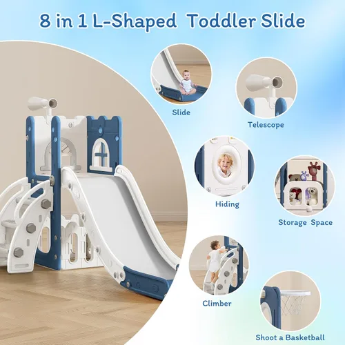Vista 2 de MOCUTEEN Tobogán 6 en 1 para niños pequeños, juego de bebé para interiores y exteriores con aro de baloncesto, almacenamiento y telescopio, juguetes