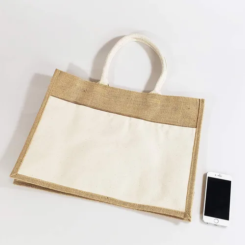 Vista 5 de Bolsas de yute grandes reutilizables y resistentes con bolsillo frontal de lona para bricolaje