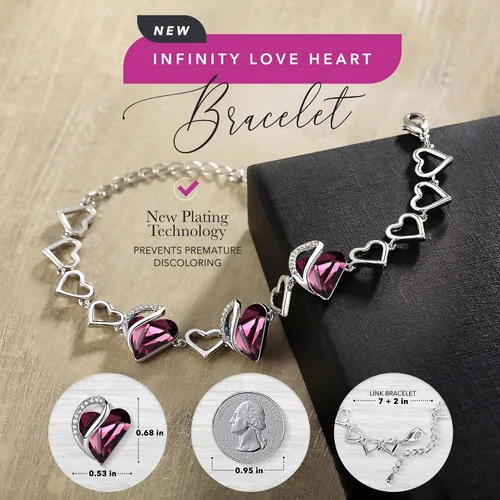 Vista 2 de Leafael - Pulsera de amor infinito con eslabones, corazón de cristal y piedra natal, regalos para mujer, tono plateado, 7 pulgadas con extensor de 2