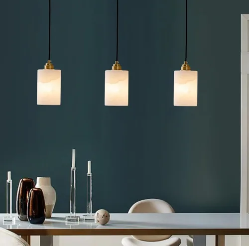 Vista 3 de Lámpara colgante de mármol cilíndrico nórdico, moderna lámpara colgante de cobre completo con pantalla de piedra natural, candelabros de altura