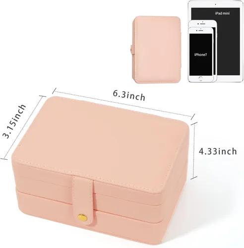 Vista 6 de BUTI4WLD Joyero pequeño, cajas de joyería para mujeres y niñas, caja organizadora de joyas, 2 capas organizador de almacenamiento de joyas de viaje