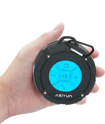 Vista 2 de Bocina para regadera con Bluetooth de ASIYUN, portátiles, a prueba de agua con sonido IPX7 HD, Ventosa, bocina con micrófono incorporado, Manos