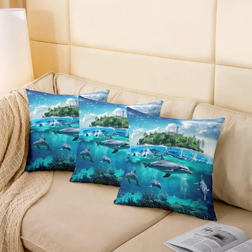 Vista 4 de jejeloiu Cortina opaca con diseño de delfín, bonita cortina de puerta de animales del océano, privacidad hawaiana, decoración de vida marina