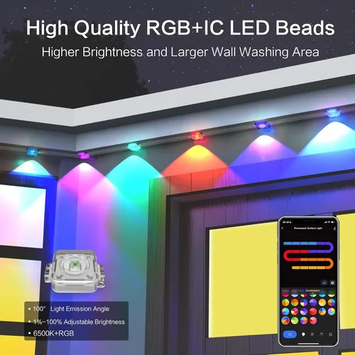 Vista 2 de Luces exteriores inteligentes permanentes para casa, IP67 impermeables con 54 escenas, 50 pies de luces LED RGB+IC para casa al aire libre todo