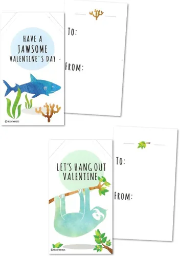 Vista 5 de Juego de 24 tarjetas para San Valentín, tamaño 2" x 3.5", diseños de llama, perezoso, narval y tiburón, de Nerdy Words