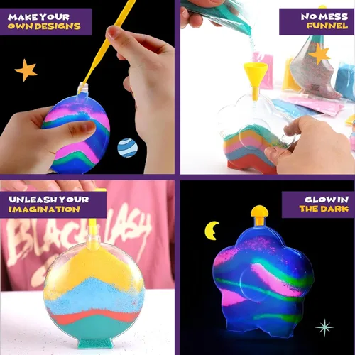 Vista 5 de Crea tu propia actividad artística de arena mágica con purpurina Kits de arena personalizados de colores que brillan en la oscuridad para niños