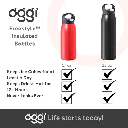 Vista 7 de OGGI Freestyle - Botella de agua aislada de acero inoxidable, doble pared aislada al vacío, termo de viaje, 23 onzas (23.0 fl oz), color negro