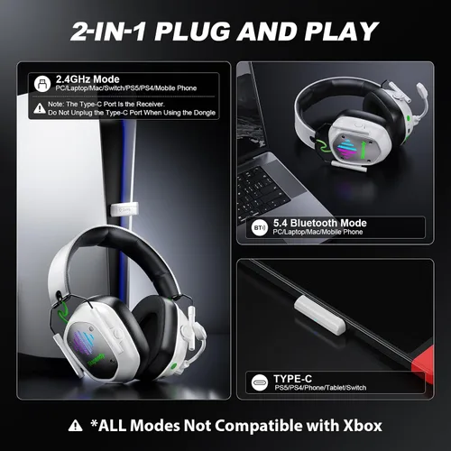 Vista 7 de Wireless Gaming Headset for PC, PS5, PS4, Switch, Mac, Mobile Phone, USB&Type-C 2.4GHz Gaming Headphones with ENC Noise Cancelling Mic, 50mm