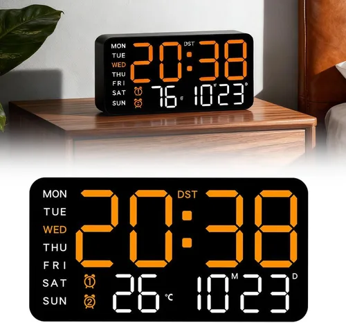Vista 9 de Reloj de pared digital LED decorativo multifuncional, reloj digital grande que muestra la hora, fecha, temperatura, ajuste automático de brillo