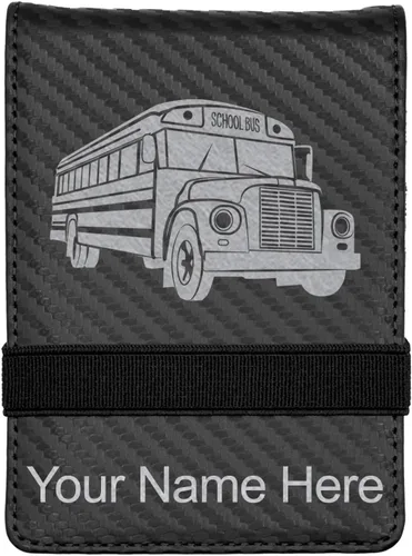 Vista 8 de LaserGram Mini padfolio con bloc de notas y bolígrafo, autobús escolar, grabado personalizado incluido (negro con dorado)