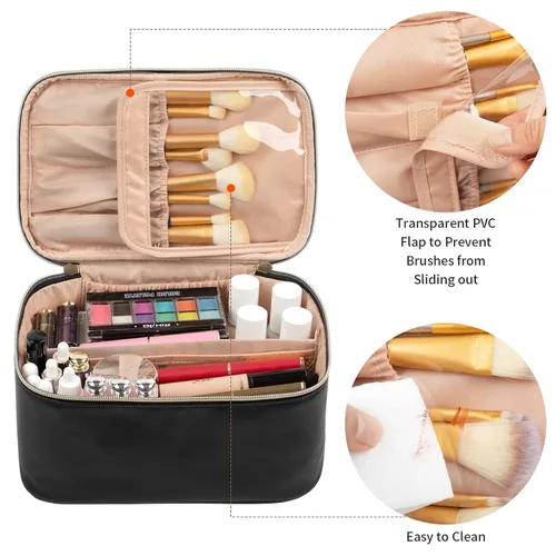 Vista 2 de OCHEAL Bolsa de maquillaje, bolsa de cosméticos portátil, organizador de maquillaje de viaje de gran capacidad, color negro para mujeres, bolsa
