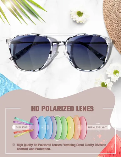 Vista 3 de BIRCEN Gafas de sol de aviador polarizadas para mujer, protección UV, gafas de sol cuadradas de moda con estilo retro BC2002