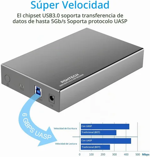Vista 4 de Carcasa para disco duro RSHTECH USB 3.0 a SATA de aluminio para disco duro externo de 3.5 pulgadas HDD SSD hasta 16TB, soporte UASP (RSH-339)