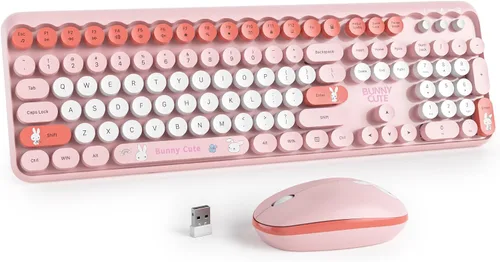 Vista 10 de Combo de teclado y mouse inalámbricos, bonito teclado de máquina de escribir con teclado numérico, teclado de tamaño completo de 2.4 GHz para PC