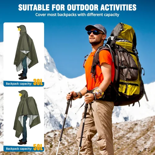 Vista 7 de ANYOO Poncho de lluvia con capucha para adultos impermeable ligero abrigo de lluvia para hombres mujeres chaqueta de lluvia reutilizable para Verde