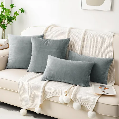 Vista 2 de HWY 50 fundas de almohada decorativas de terciopelo sólido para sofá, sala de estar., Terciopelo, gris, 20x20 pulgadas