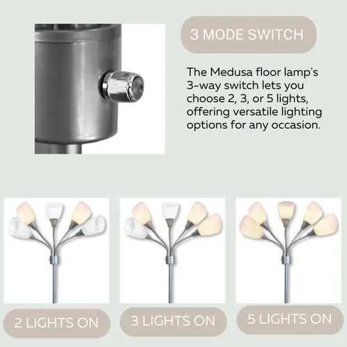 Vista 9 de LIGHTACCENTS Lámpara de pie Medusa de 5 luces para dormitorio – Lámpara de pie con múltiples cabezas y 5 pantallas de acrílico blanco, lámpara araña