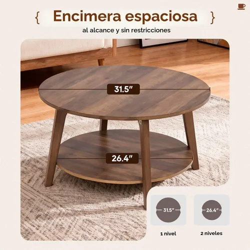 Vista 6 de [Usado] FDW Mesa auxiliar redonda de 2 niveles moderna de madera con almacenamiento para sala de estar, dormitorio u oficina, mesa de centro Marrón