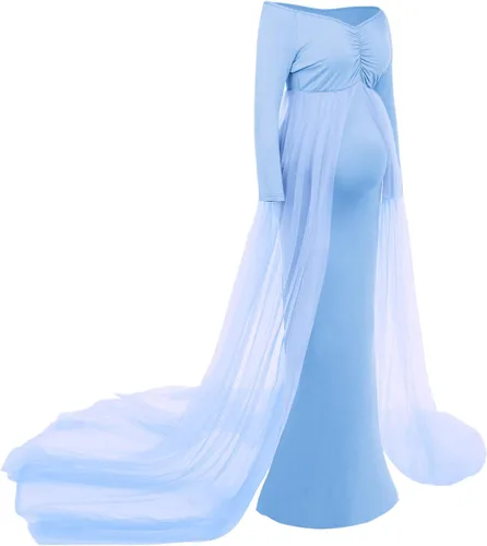 Vista 3 de Vestido de maternidad de manga larga con hombros descubiertos para mujer, de tul elegante, ajustado, para baby shower, fotografía, maxi vestido