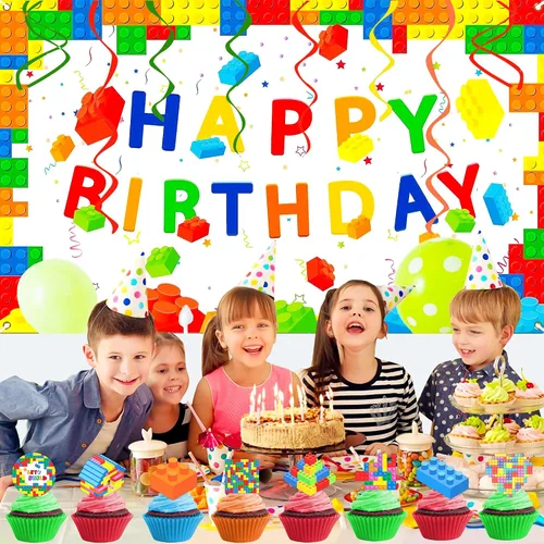 Vista 4 de 25 piezas de bloques de construcción con temática de feliz fiesta de cumpleaños, decoración de cupcakes, decoración de decoración de construcción
