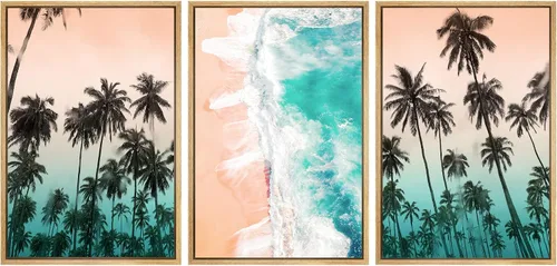 Vista 39 de SIGNWIN Lienzo enmarcado para pared, vista aérea de palmeras tropicales en un cielo azul, fotografía del océano costero, arte moderno, panorámico