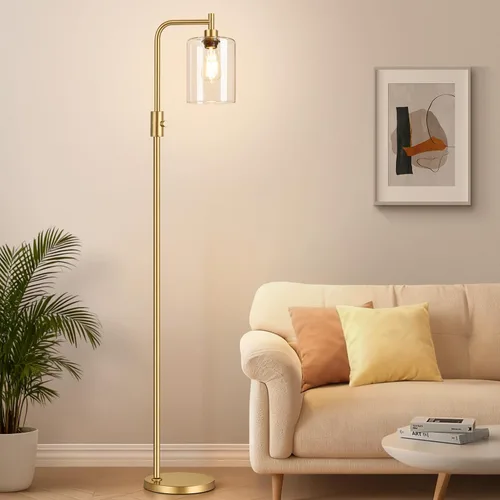 Vista 17 de 【Actualizada】Lámpara de pie regulable para sala de estar con pantalla de vidrio, lámpara de pie industrial moderna negra con bombilla LED de 900LM