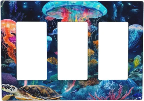 Vista 52 de Placa decorativa para interruptor de luz, medusas, tortugas marinas, fantasía, océano, 2 bandas, 1 palanca, 1 placa de pared dúplex, cubiertas