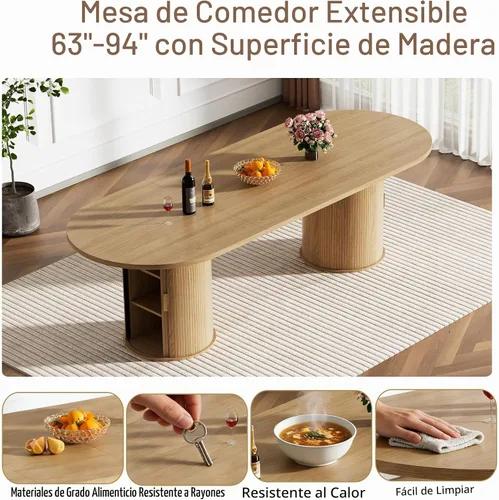 Vista 3 de Mesa de comedor redonda extensible con base de almacenamiento, mesa de comedor expandible natural de 63 a 94 pulgadas para 10 personas, mesa