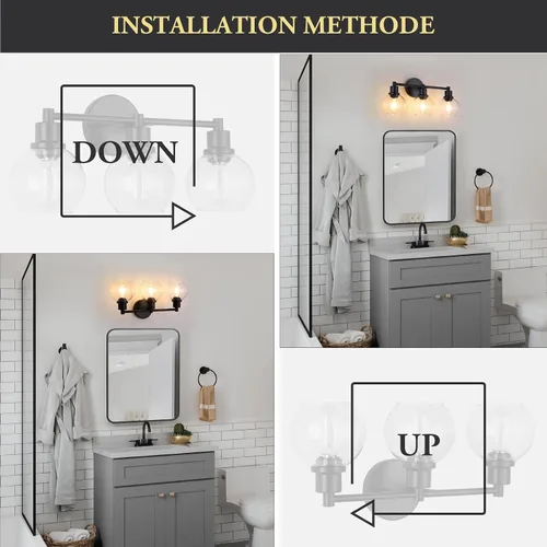 Vista 6 de Lámpara de Tocador de Baño de 3 Luces, Accesorios de Iluminación de Baño Negro con Pantalla de Globo de Vidrio Transparente, Aplique de Pared Negro