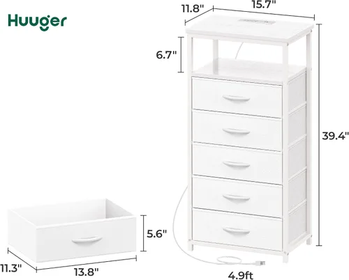 Vista 3 de Huuger Cómoda blanca con 5 cajones y estación de carga, cómoda alta Blanco
