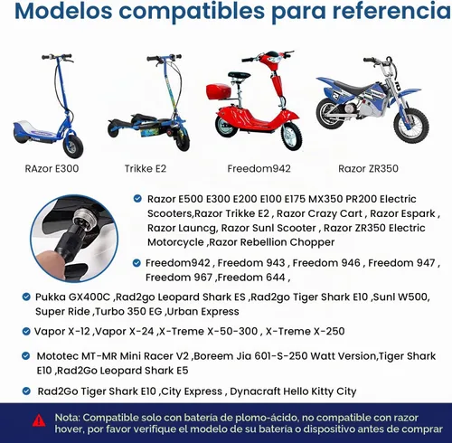 Vista 2 de CGGXJP Cargador de batería rápido para scooter eléctrico de 24 V 1500 mA para Razor E100 E200 E300 MX350, cable de alimentación hembra en línea de 3