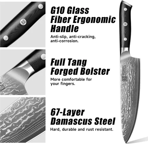 Vista 5 de Cuchillo de chef de Damasco, cuchillo de cocina de 8 pulgadas, cuchillo de damasco de 67 capas, cuchillos de cocina profesionales con núcleo japonés