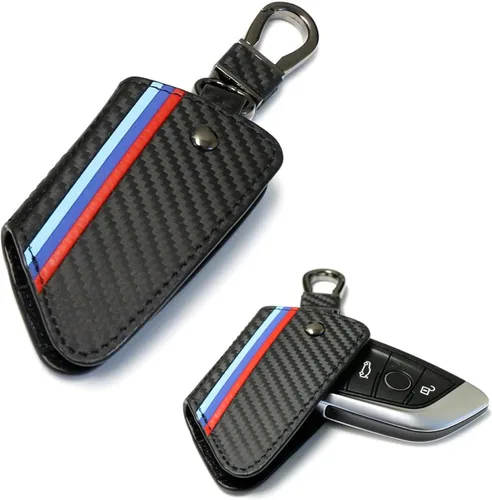 Vista 10 de iJDMTOY Emblemático llavero de cuero con patrón de fibra de carbono negro de 3 colores con llavero compatible con el mando a distancia BMW