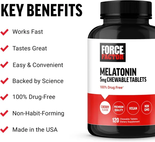 Vista 2 de Force Factor Melatonina masticable de 5 mg, suplemento sin medicamentos, vegano, sin OMG, sabor a cereza, 120 tabletas