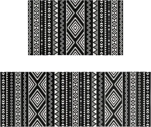 Vista 8 de Juego de 2 tapetes de cocina estilo bohemio para cocina, diseño azteca occidental, color negro, antideslizantes, lavables, para el suelo, 2 piezas